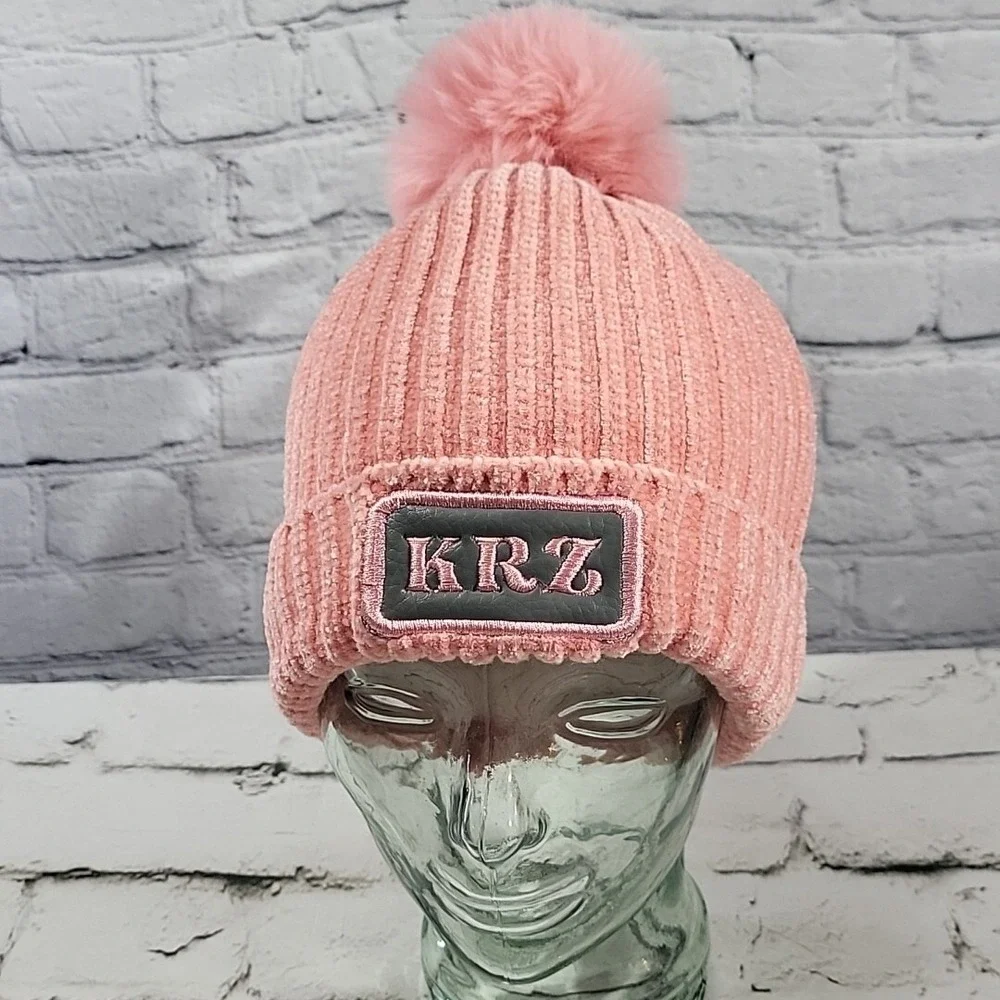 KMZ Beanie Hat Womens Blush Pink Chenille Knit Faux Fur Lined PomPom Ski Cap